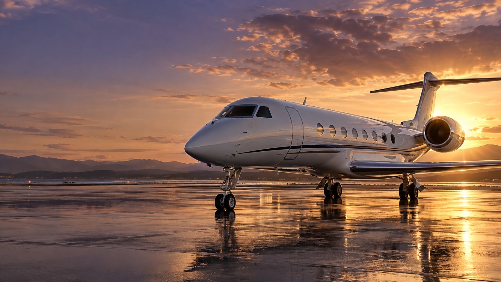 Private jet on a wet apron at golden hour